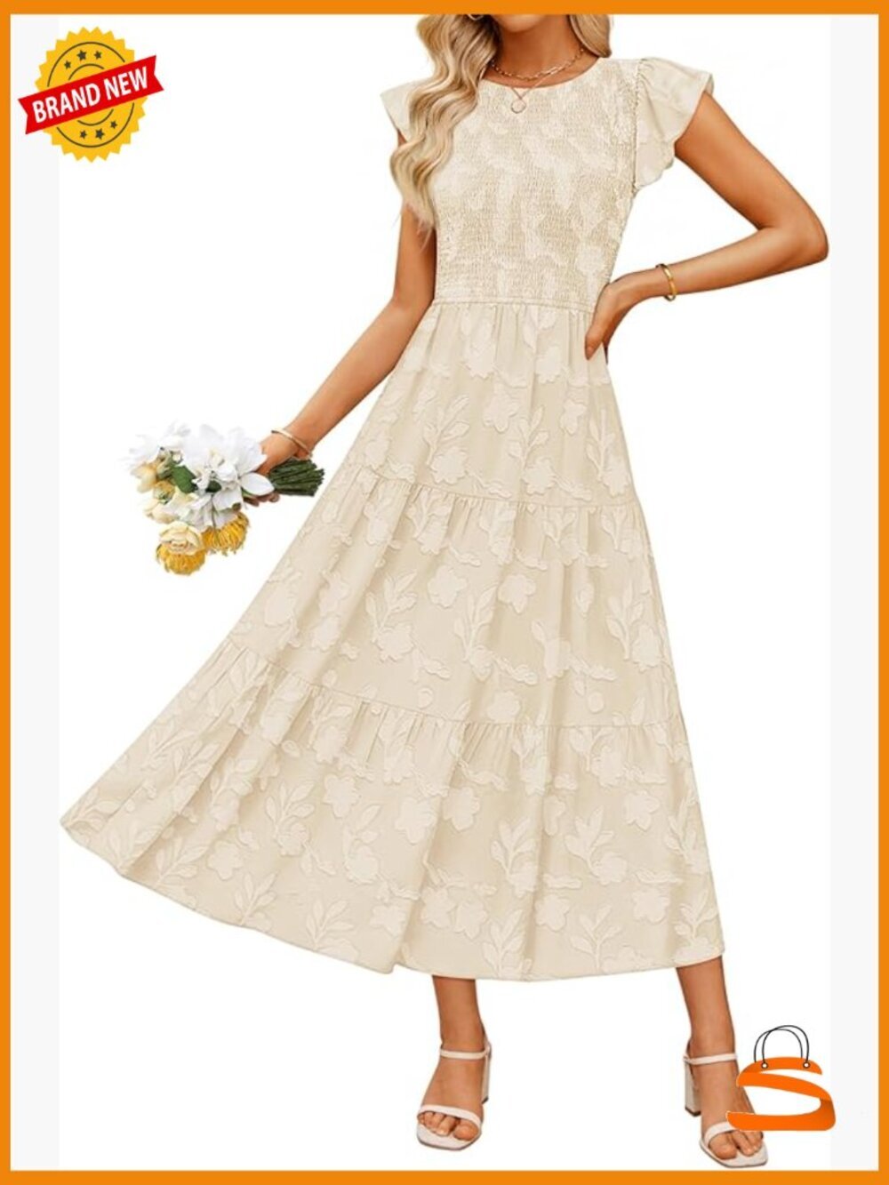 Boho Floral Midi Dress Flutter Short Sleeve Crewneck Smocked Beach Dress